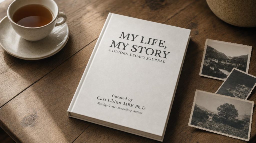 My Life, My Story guided legacy journal on a desk with photographs and a cup of tea
