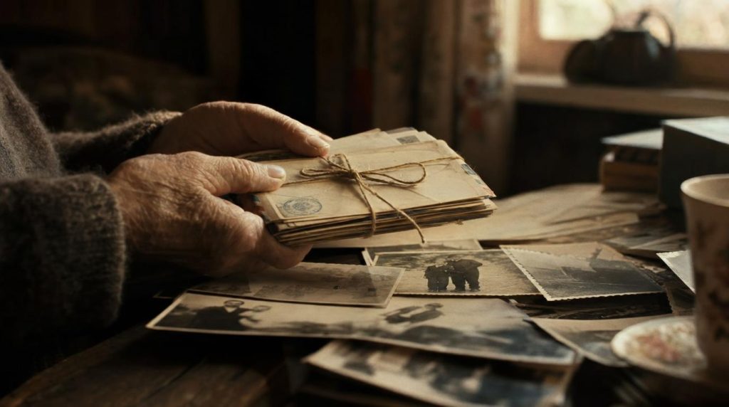 Old family letters and photographs arranged as an archive